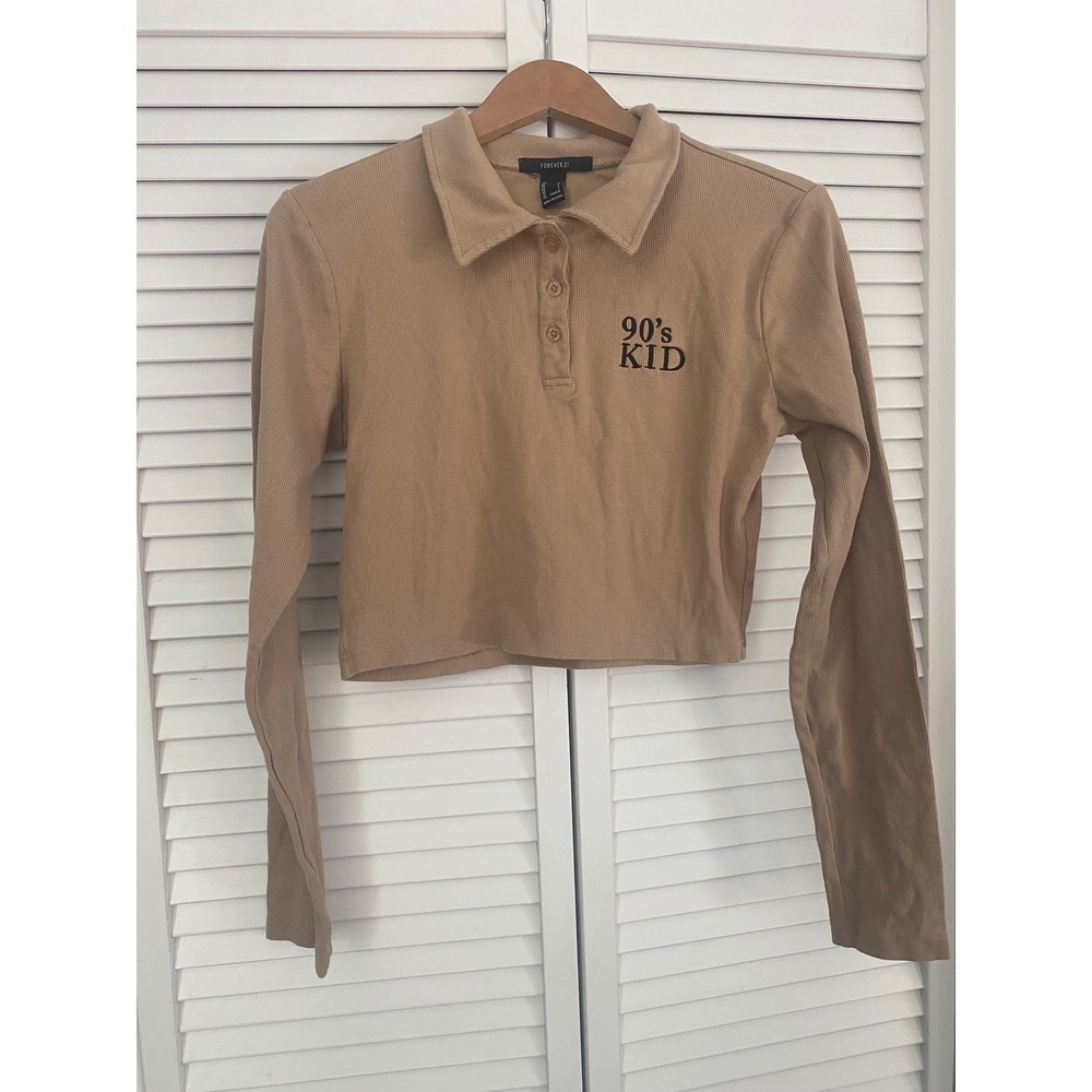 Forever 21 Tan Ribbed Crop Top 90s Kid Graphic Long Sleeve Polo Shirt Large